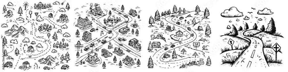 Detailed hand-drawn map showcasing diverse landscapes, roads, and landmarks across a whimsical journey