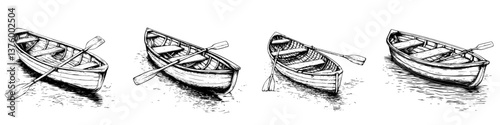Different views of wooden rowboats resting by the shore on a calm day in a serene lakeside setting