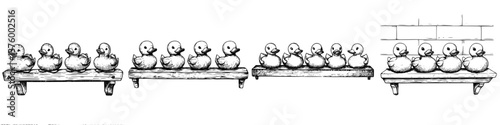 Illustration of playful ducks lined up on wooden shelves in a rustic setting during daylight