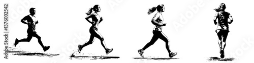 Multiple runners in motion showcasing different styles, dynamic action captured during a morning workout session outdoors