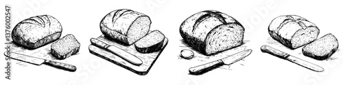 Freshly baked bread on a wooden cutting board with knife and sliced loaves in a cozy kitchen setting