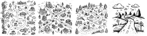 Obraz na płótnie Detailed hand-drawn map showcasing diverse landscapes, roads, and landmarks across a whimsical journey w salonie