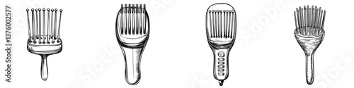 Different types of hair combs displayed on a plain background showcasing unique designs and features