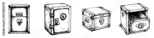 Various types of safes and storage boxes illustrating design and security features across different styles