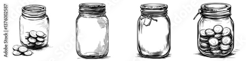 Collection of glass jars showcasing various stages of filled and empty jars with coins in a simple, minimal style