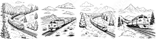 Train journey through mountainous landscapes with scenic views of nature and rolling hills