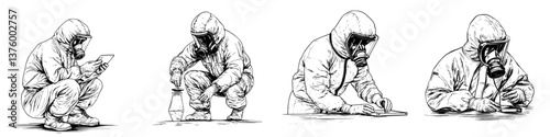 Workers in protective gear conducting experiments in a controlled environment during the day
