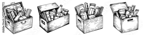 Various storage boxes filled with household items displayed in a rustic style arrangement on a plain background