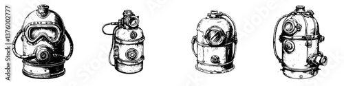 Vintage diving helmets arranged in a row showcasing different designs and features on a white background