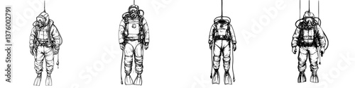 Historic diving suits displayed in a museum showcasing underwater exploration advancements