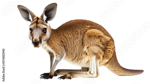 Alert kangaroo observes, watchful pose, clear background, cut out transparent