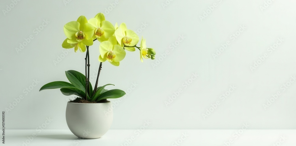 Lush green orchid in stylish concrete planter, white backdrop, stock photo, flora, home decor Lush green orchid in stylish concrete planter, white backdrop, stock photo, flora, home decor