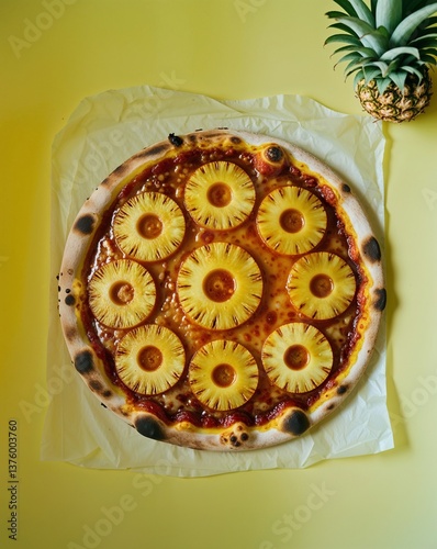 A caramelized looking pineapple upside down pizza on a plain bright yellow background
