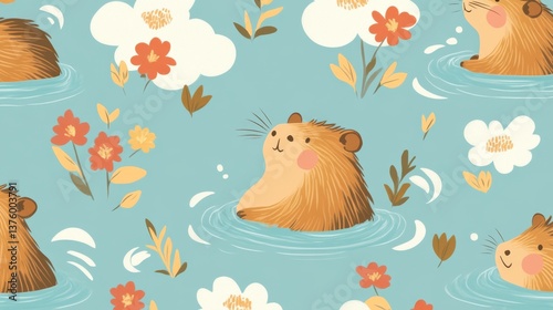 A repeating pattern of playful capybaras floating in hot springs with steam clouds and floral elements cute and whimsical
