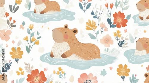A repeating pattern of playful capybaras floating in hot springs with steam clouds and floral elements cute and whimsical