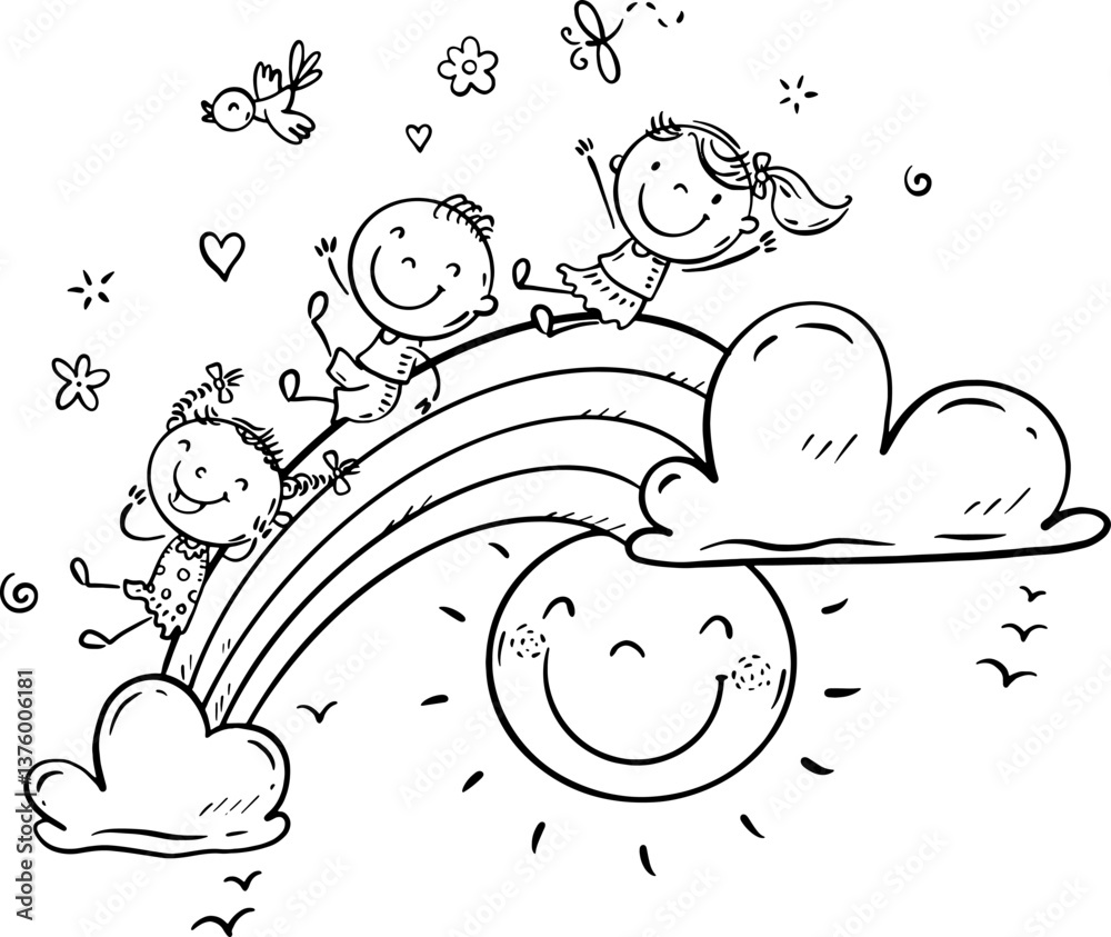 Fototapeta premium Outline little kids sitting on rainbow. Line art happy children, vector illustration