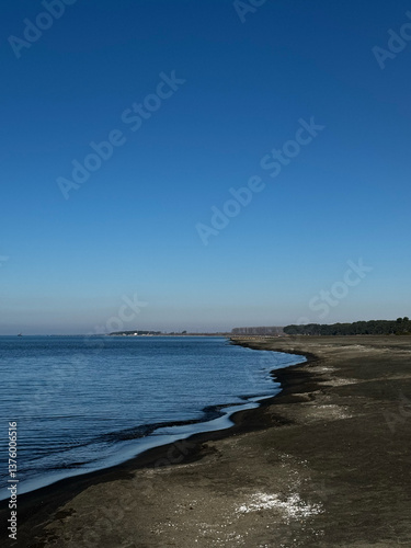 Obraz na płótnie Coastal Shoreline with Calm Blue Ocean and Clear Sky w salonie