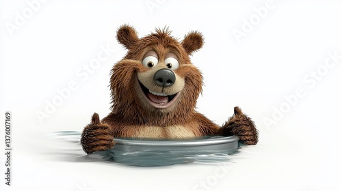 Playful Brown Bear in Water with Thumbs Up