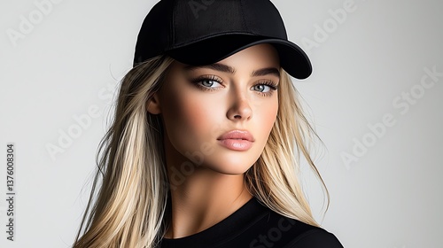 A high-fashion concept portrait of a blonde woman in a black baseball cap, captured in a side profile view. The white background enhances the cap’s sleek design, with the 85mm f/1.2 lens ensuring  photo