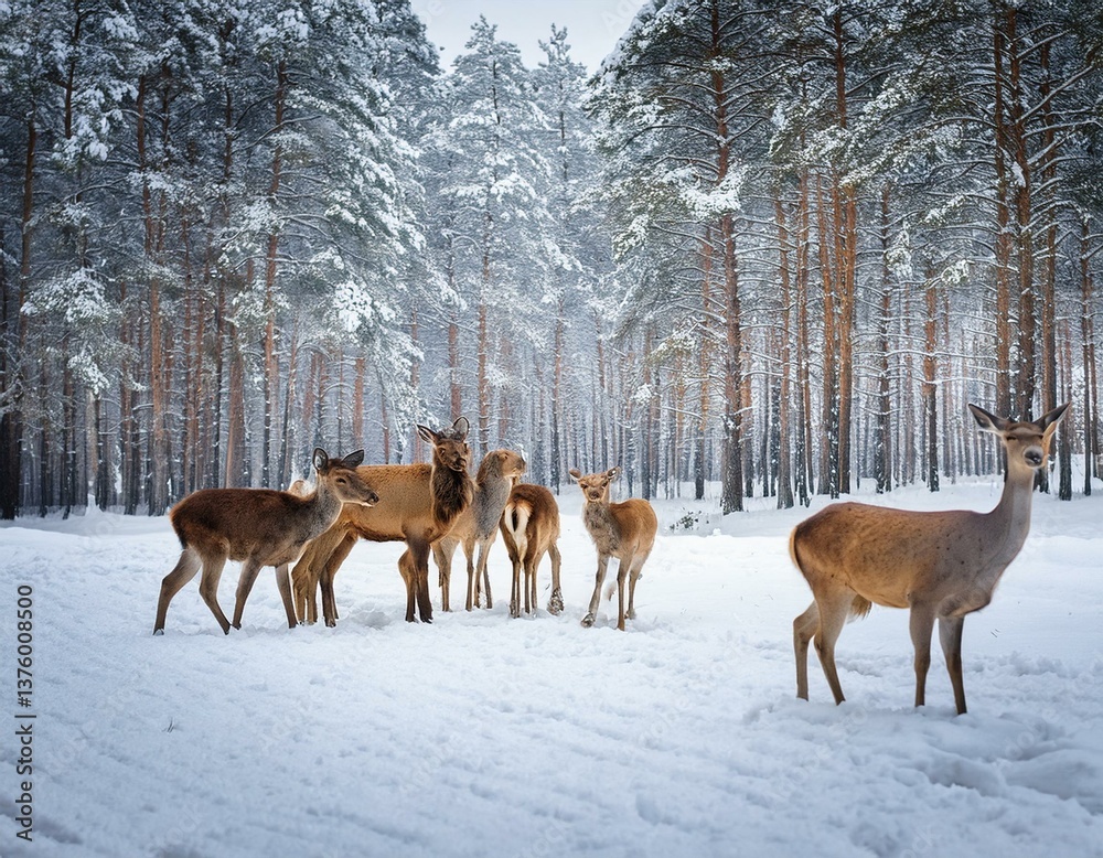 A noble deer with females in the herd against the background of a beautiful winter snow fore A noble deer with females in the herd against the background of a beautiful winter snow fore