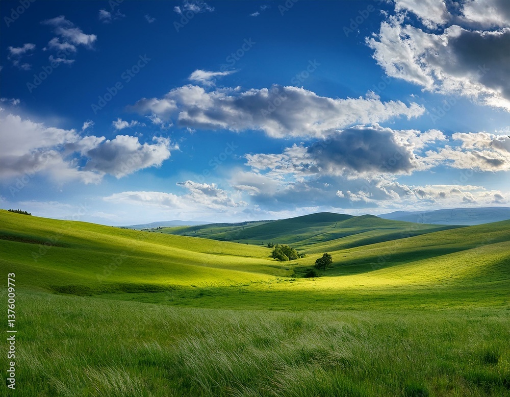 Obraz premium A serene landscape of vibrant green meadows under a vast blue sky dotted with fluffy white