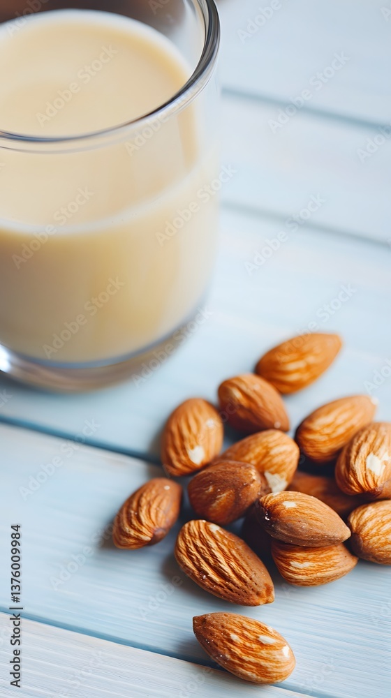 Delicious Almond Milk in Glass with Almonds on Wooden Table Delicious Almond Milk in Glass with Almonds on Wooden Table