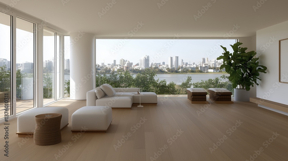 Fototapeta premium An airy, modern living room with large windows framing a cityscape view and interior design elements. Features a comfortable sofa and decor