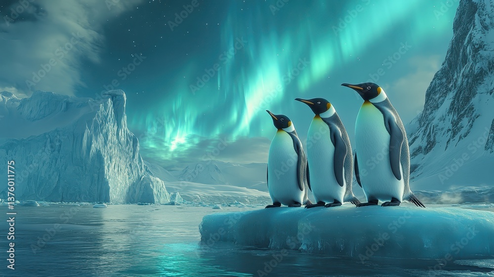Obraz premium penguins standing near oil-streaked ice illuminated by a dim aurora focus on unity ethereal blend mode frozen landscape