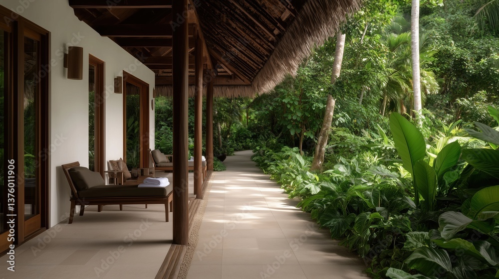 Fototapeta premium A serene pathway through a resort, bordered by lush greenery, inviting relaxation and tranquility.