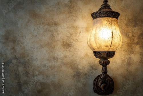 An ornate antique wall mounted light fixture with a soft glow