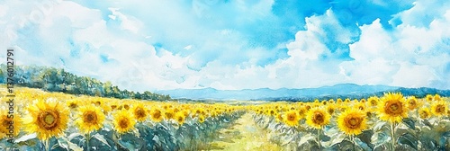 美しいひまわり畑と青空のイラスト01