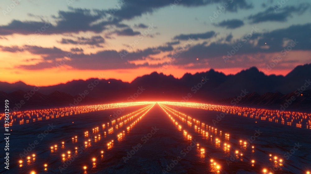 Glowing lights illuminated on a pathway beneath a colorful evening sky Glowing lights illuminated on a pathway beneath a colorful evening sky
