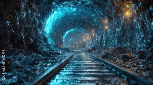 A dark and illuminated tunnel with tracks inside of it