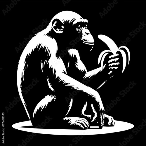 Black and white silhouette of a chimpanzee with a banana silhouette. Vector graphics. EPS.