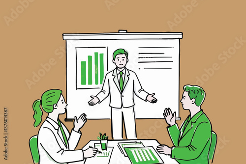 Business Presentation with Graph and Whiteboard: Three People in Formal Attire on Tan Background, Ideal for Strategy, Planning, and Communication Concepts.