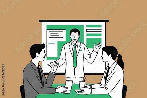 Business Presentation with Whiteboard: Three People in Formal Attire on Tan Background, Ideal for Strategy, Planning, and Communication Concepts.