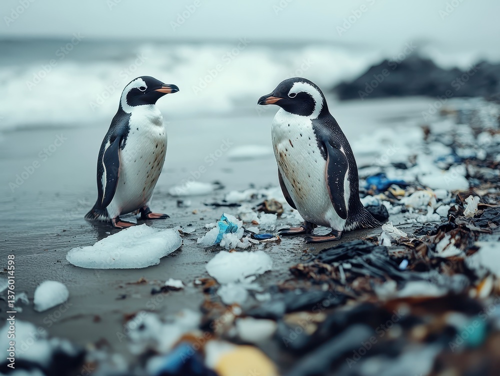 Obraz premium penguins resting on ice sheets stained with oil and garbage focus on fragility whimsical blend mode frozen scene