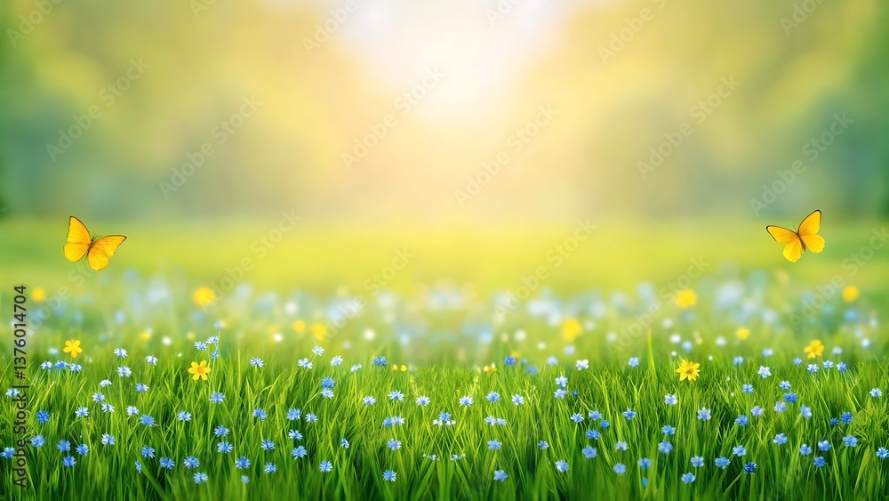 Fototapeta premium Spring's gentle awakening: Two butterflies dance above a vibrant meadow bursting with wildflowers under a soft, sunlit sky.