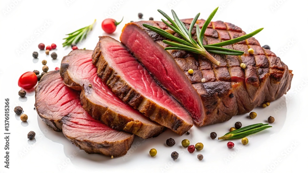Grilled sliced beef tenderloin steak with pepper isolated on white background top view
Grilled sliced beef tenderloin steak with pepper isolated on white background top view