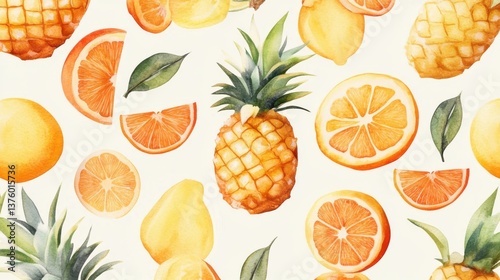 A watercolor fruit pattern of pineapples oranges and papayas on a light background summer and tropical vibes