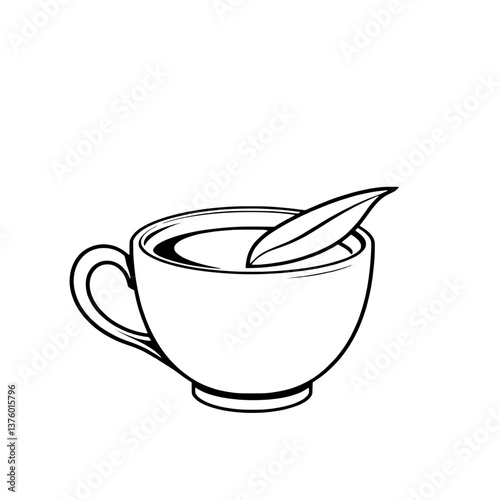 A Simple Line Drawing Of A Teacup With A Leaf