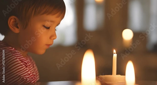  shallow-depth-of-field UHD shot focusing on a single candle flame, while in the blurred background, a child's excited face is reflected in the candle’s warm glow.