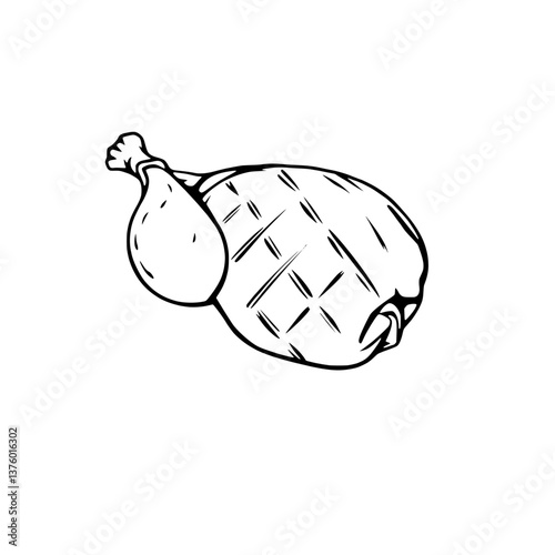 Grilled Chicken Leg Quarter Drawn in Black Ink