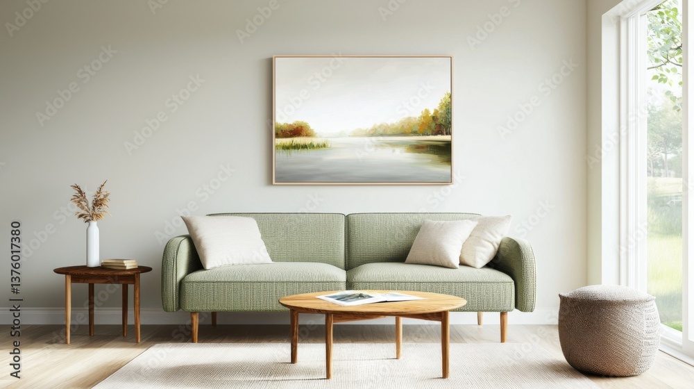 Scandinavian lounge, sage green stitched sofa, soft oil painting of lake landscape, calm interior, warm shadows Scandinavian lounge, sage green stitched sofa, soft oil painting of lake landscape, calm interior, warm shadows