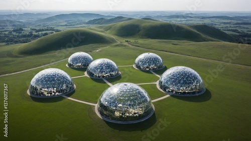 Futuristic Domes Dot a Verdant Landscape: A Vision of Harmonious Integration of Architecture with Rolling Hills and Wide Open Skies.