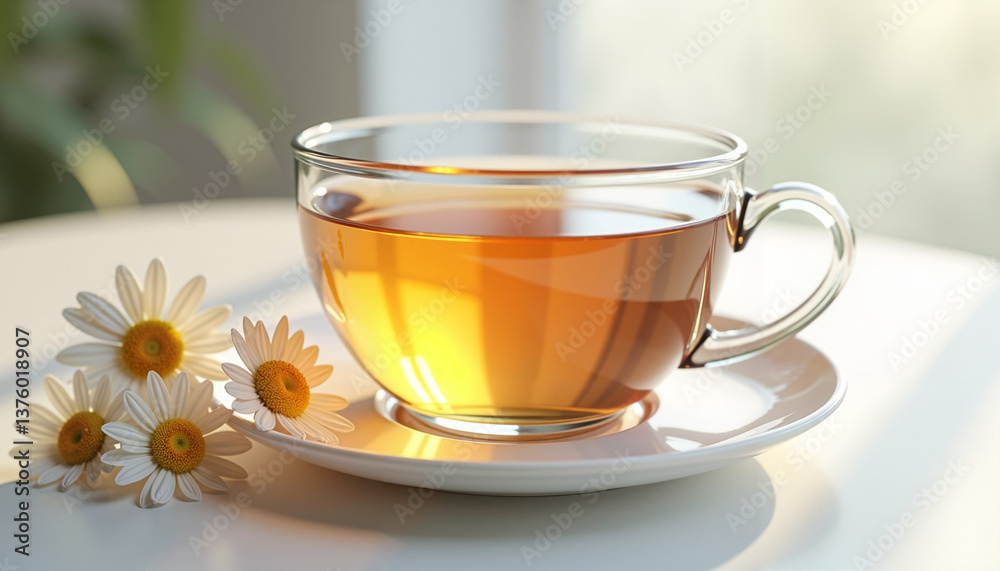 Steaming tea with daisies in a serene green backdrop, tranquil charm Steaming tea with daisies in a serene green backdrop, tranquil charm