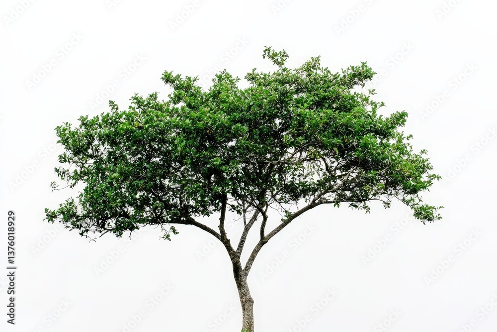 A solitary green tree growing against a bright white sky background A solitary green tree growing against a bright white sky background