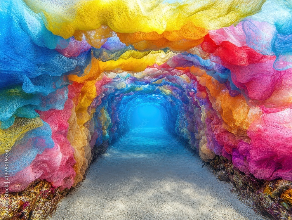 Fototapeta premium coral reefs blanketed with colorful synthetic fibers illuminated by underwater lighting focus on beauty versus decay vibrant composite reef crevice