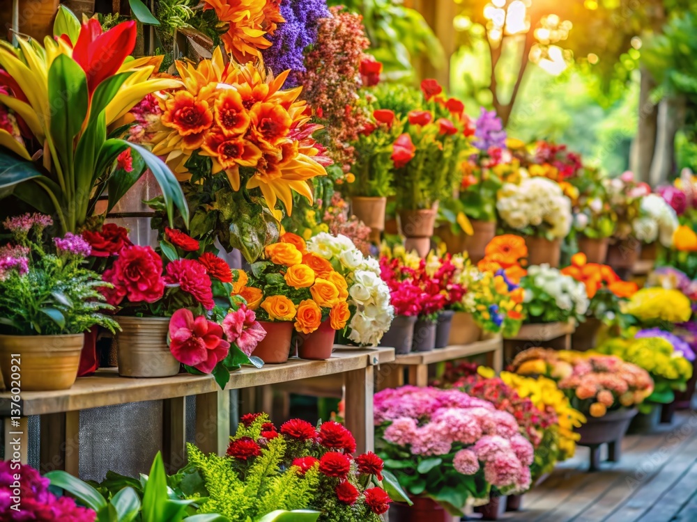 Vibrant Summer Flower Display Rack: Colorful Tropical Blooms in a Sunny Setting Vibrant Summer Flower Display Rack: Colorful Tropical Blooms in a Sunny Setting