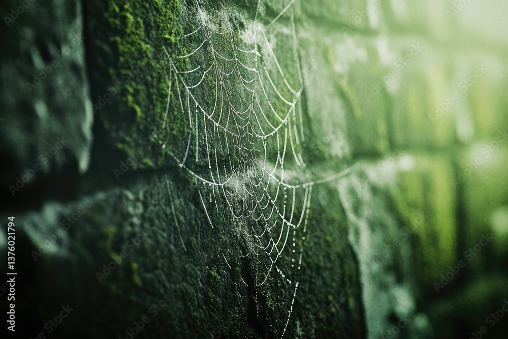 Obraz premium A dewy spiderweb glistens against a moss-covered stone wall, illuminated by soft green light in a natural, serene scene.